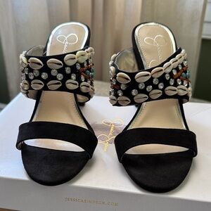 Jessica Simpson Black Sandals with Shell and Bead Accents